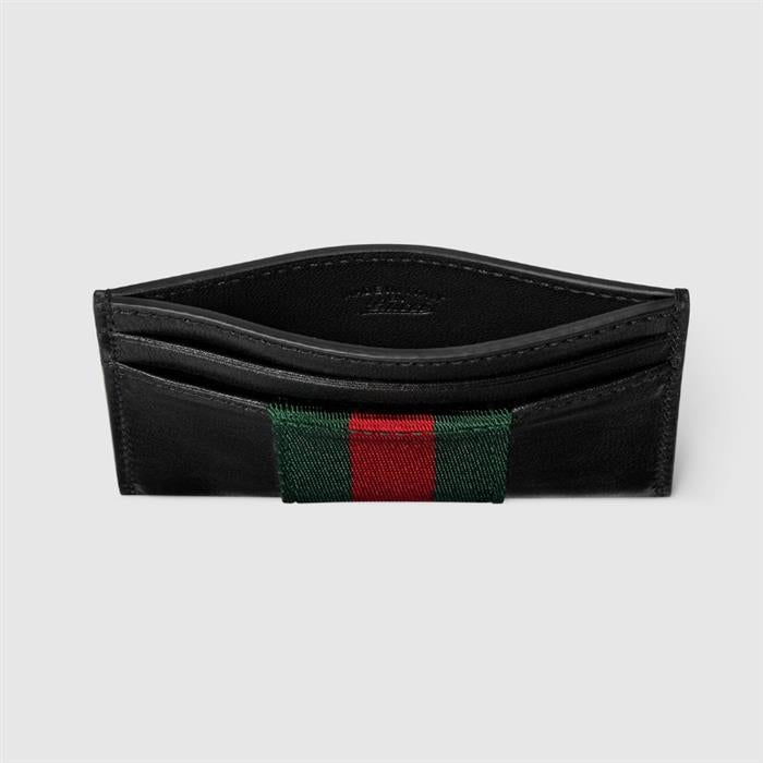 GUCCI Web Stripe Trademark Black Leather Card Case