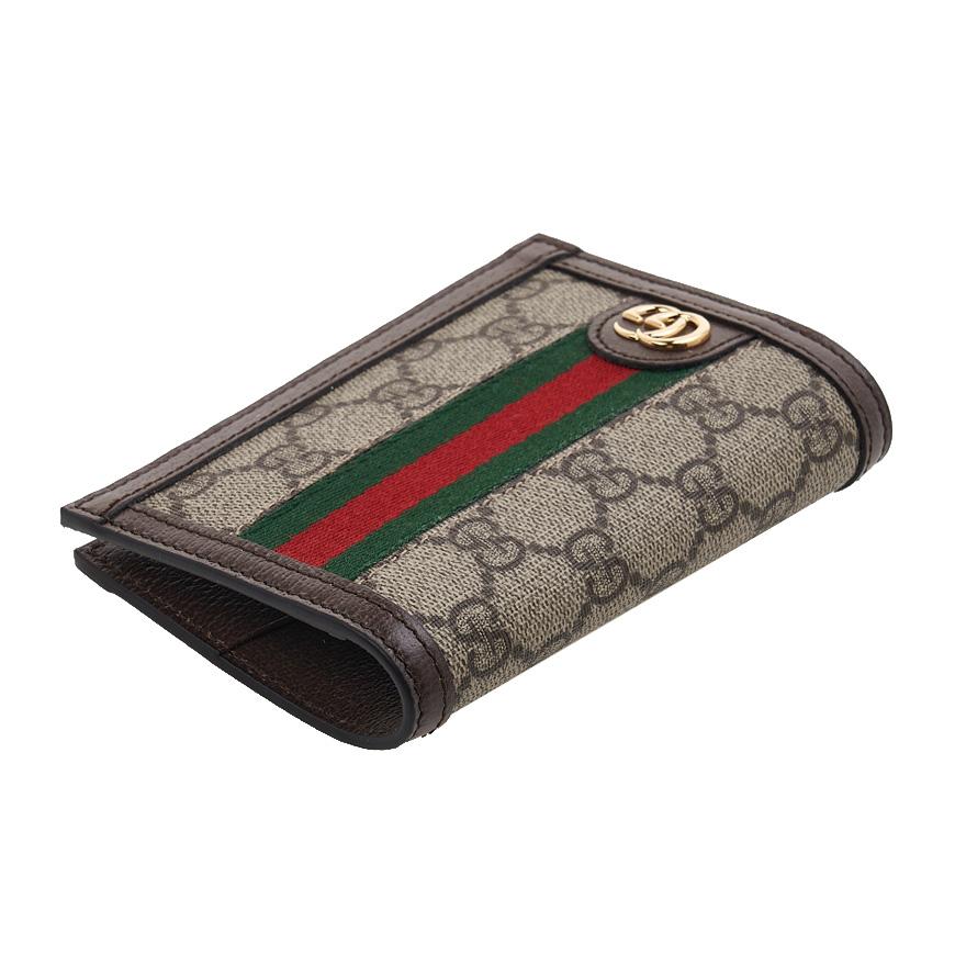 GUCCI Unisex Ophidia GG Canvas Passport Wallet Brown Trim