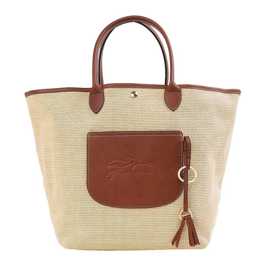 Longchamp L Basket Bag Women’s Tote Beige Woven Leather Trim