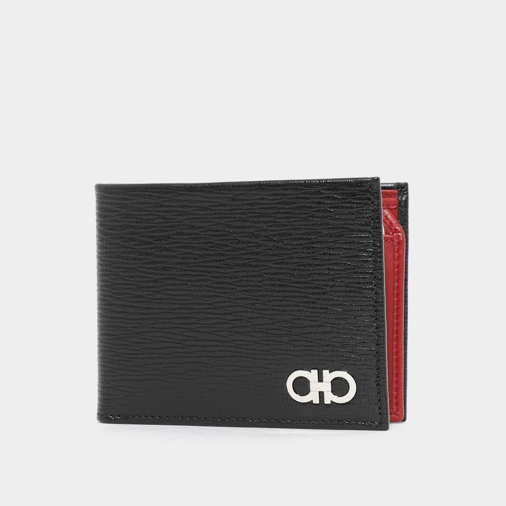 Ferragamo Double Gancini Black Red Two-Tone Leather ID Men’s Bifold Wallet