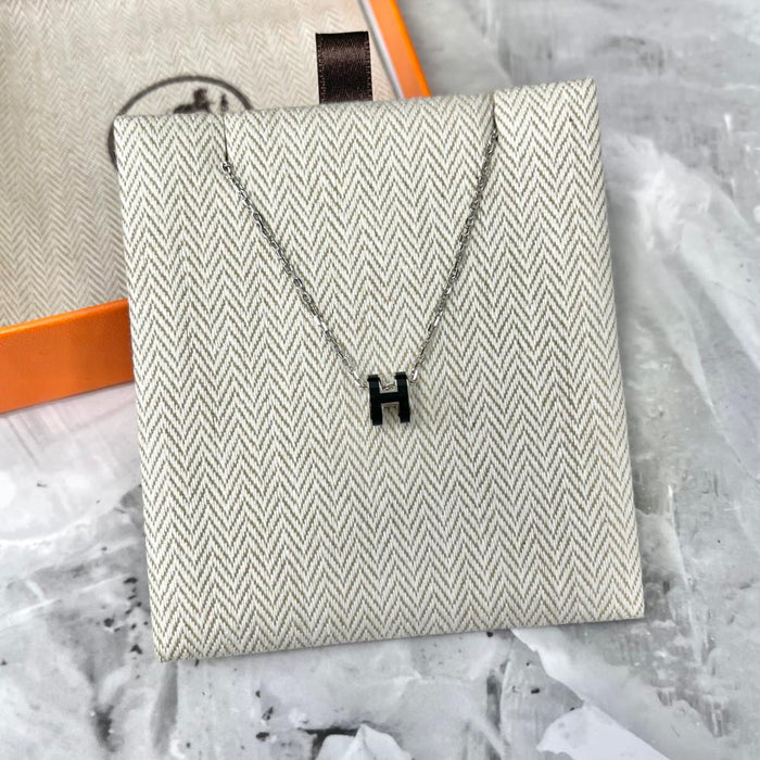 HERMES Mini Pop H Pendant Necklace Black Silver