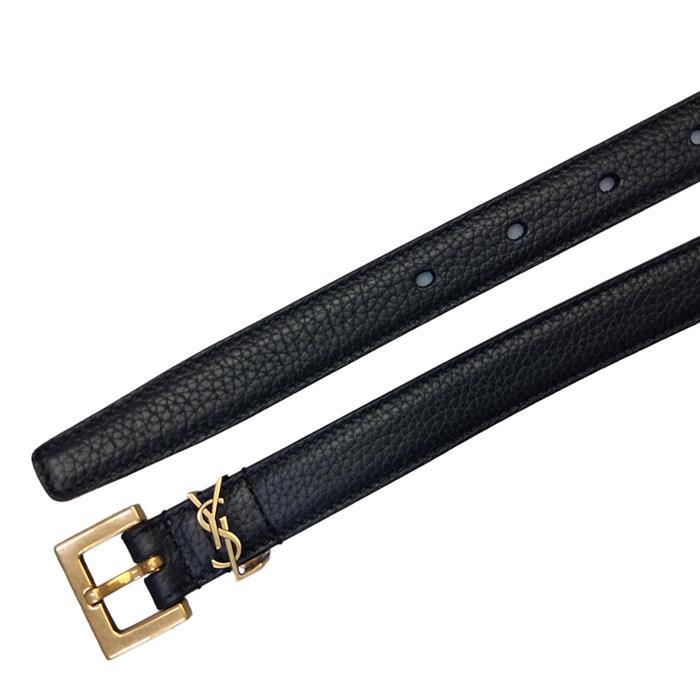 Saint Laurent Cassandra Slim Grain Leather Belt Black Women