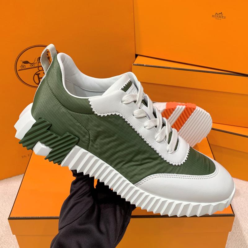 HERMES Men Bouncing Ripstop Fabric Calfskin Khaki H Two-Tone Sneakers