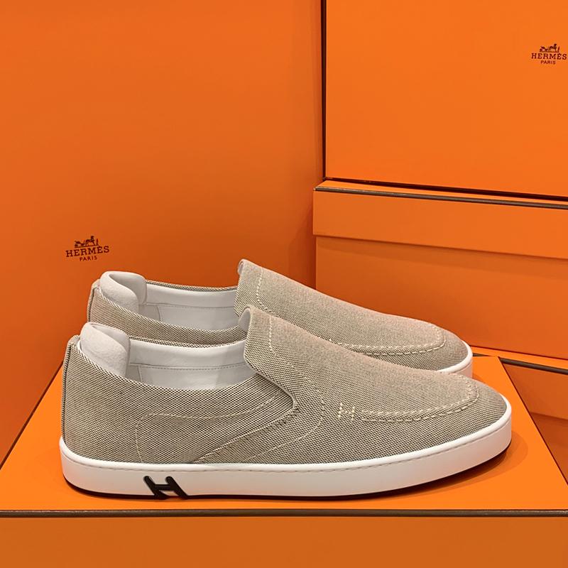 HERMES Beige Canvas Suede Goatskin Kiddy Slip-On Low Top Sneakers