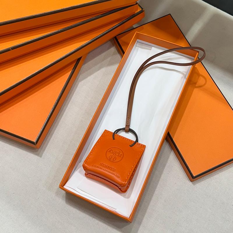 HERMES Orange Brown Gold Charm Calfskin Bag Charm Unisex Accessory