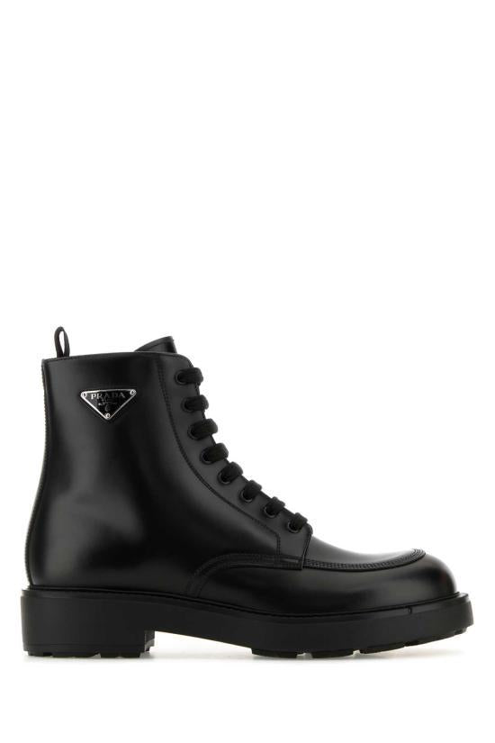 PRADA Black Leather Lace-Up Combat Boots for Men 2TG220F G000055 F0002