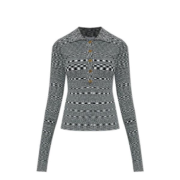 GANNI Gray Striped Knit Polo Shirt K2606 099