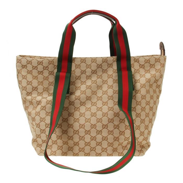 GUCCI GG Small Tote Bag Beige Canvas Leather Trim Tote