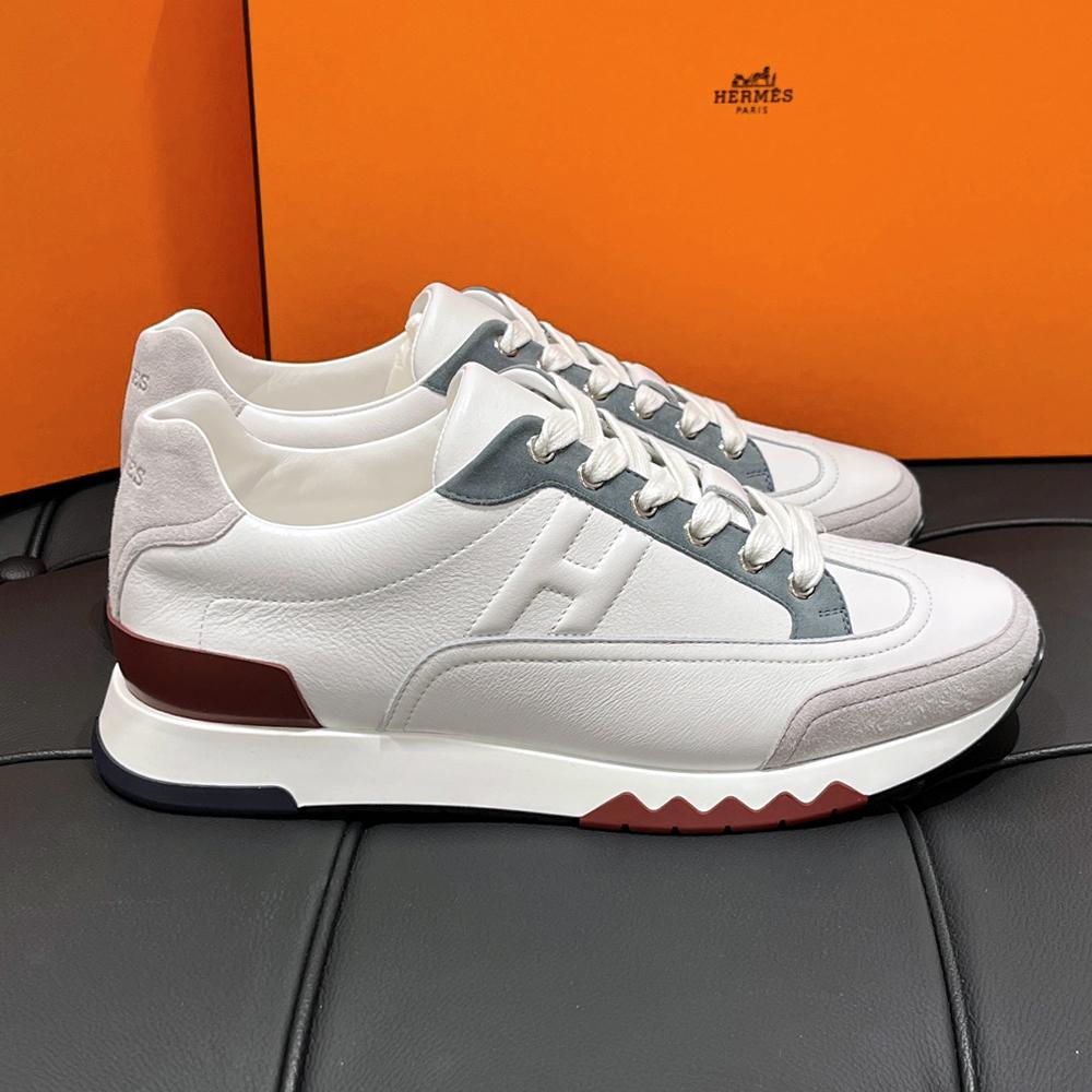 HERMES Trail Sneakers White Calfskin Leather Blue Red Low Top Men