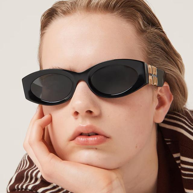 Miu Miu Black Oval Acetate Sunglasses with Big Logo Decoration
