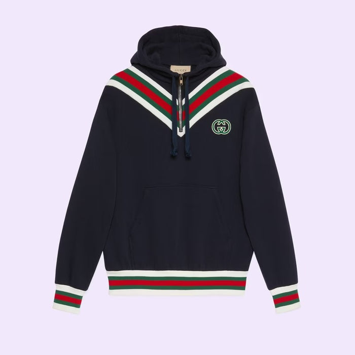 GUCCI Web Interlocking Zip-Up Hoodie Navy Women’s Cotton Top