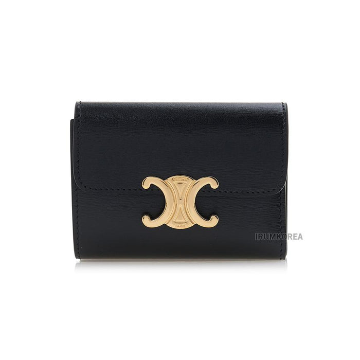 CELINE Triomphe Compact Wallet for Women Black Leather