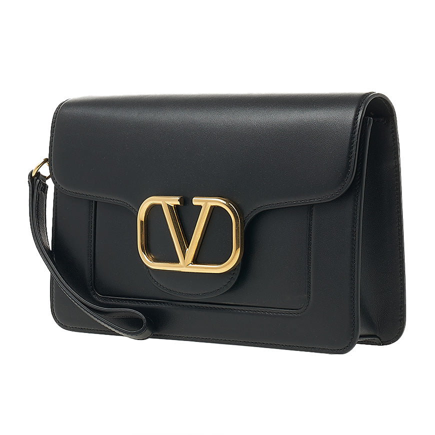 VALENTINO Garavani V Logo Signature Black Leather Clutch