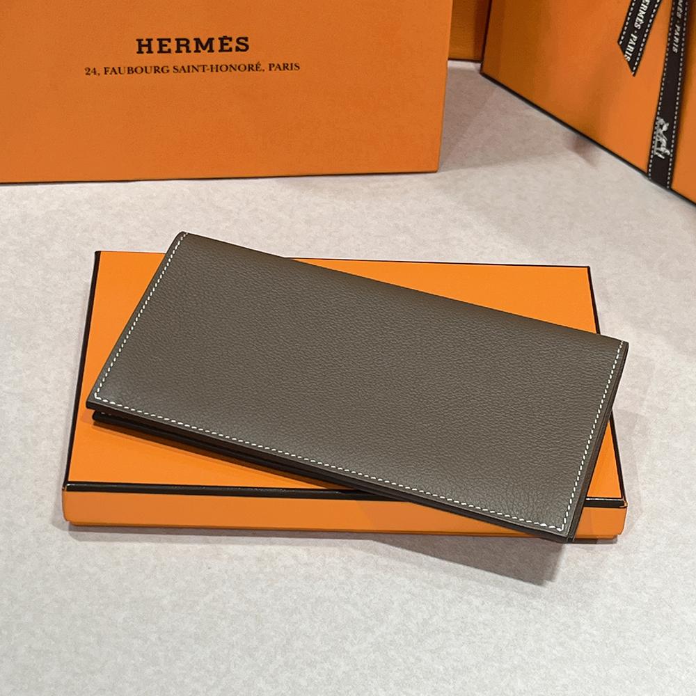 HERMES Epsom Leather Long Wallet Etoupe Citizen Twill Graphic Lining