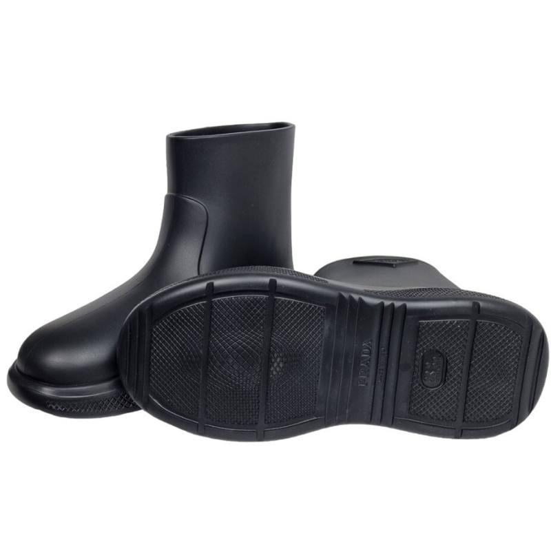 PRADA Black Rubber Ankle Rain Boots with Triangle Logo
