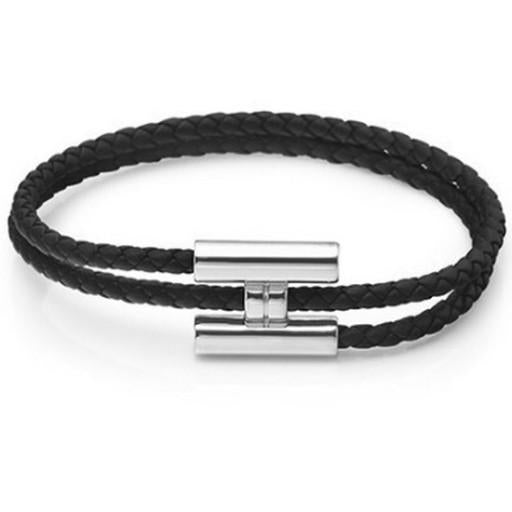 HERMES Black Silver Tunis Tresse Leather Bracelet