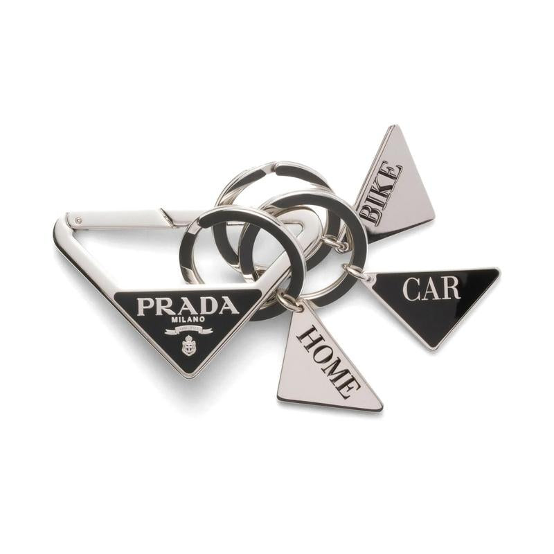 PRADA Triangle Logo Metal Keyring Black