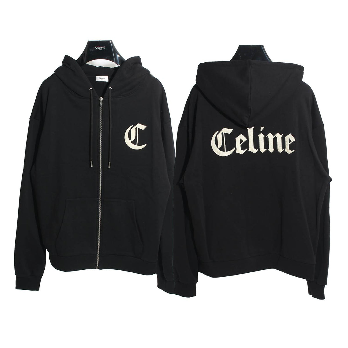 CELINE Black Cotton Fleece Embroidered Back Logo Zip Hoodie