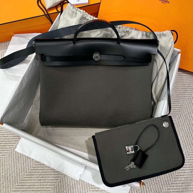 HERMES Khaki Canvas Herbag 39 Shoulder Tote Messenger Bag Silver Hardware