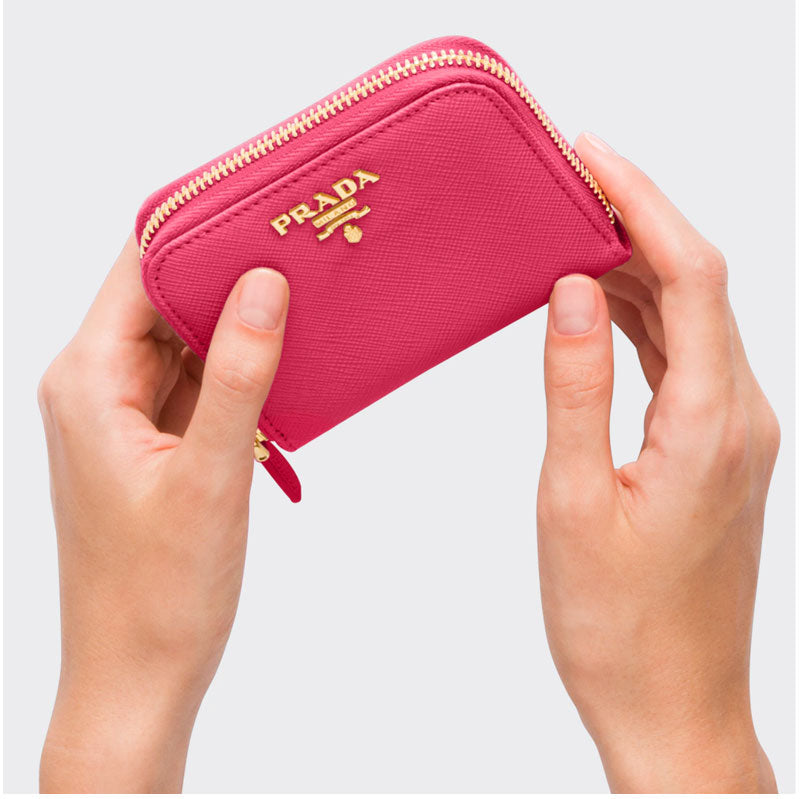 PRADA Saffiano Leather Zip-Around Small Wallet with Gold Logo Coin Purse