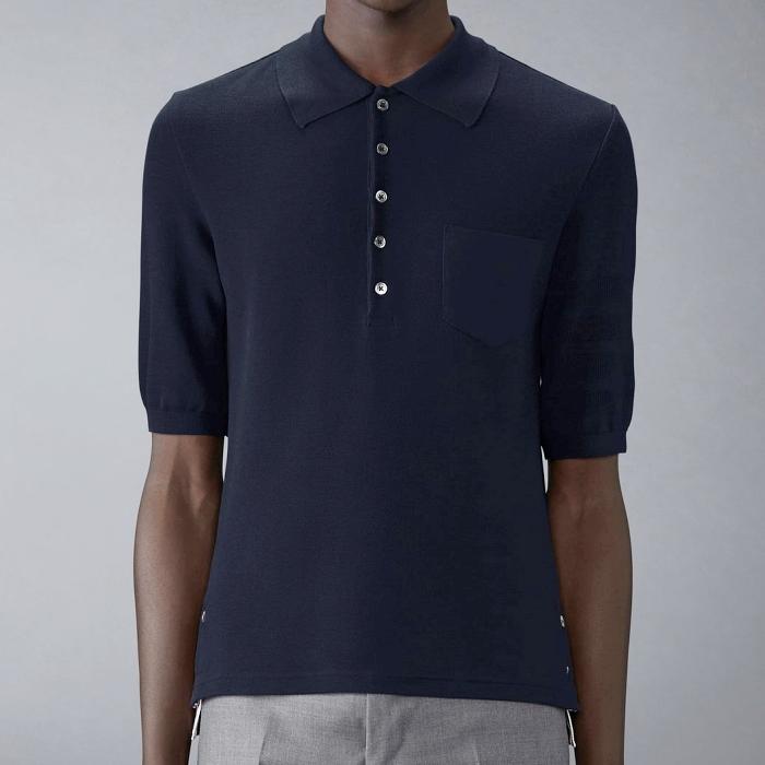 THOM BROWNE Silk Piqué Pocket Polo Shirt Navy Men
