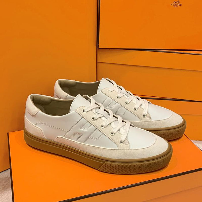 HERMES Canvas Calfskin H Logo Deep Sneakers White Beige