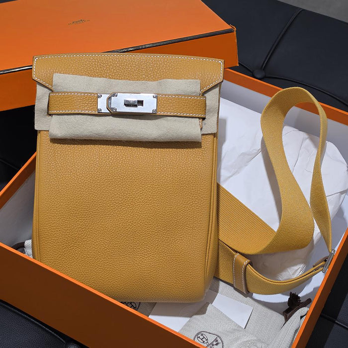 HERMES Mustard Leather Herbag Ado PM Backpack Palladium Hardware Unisex