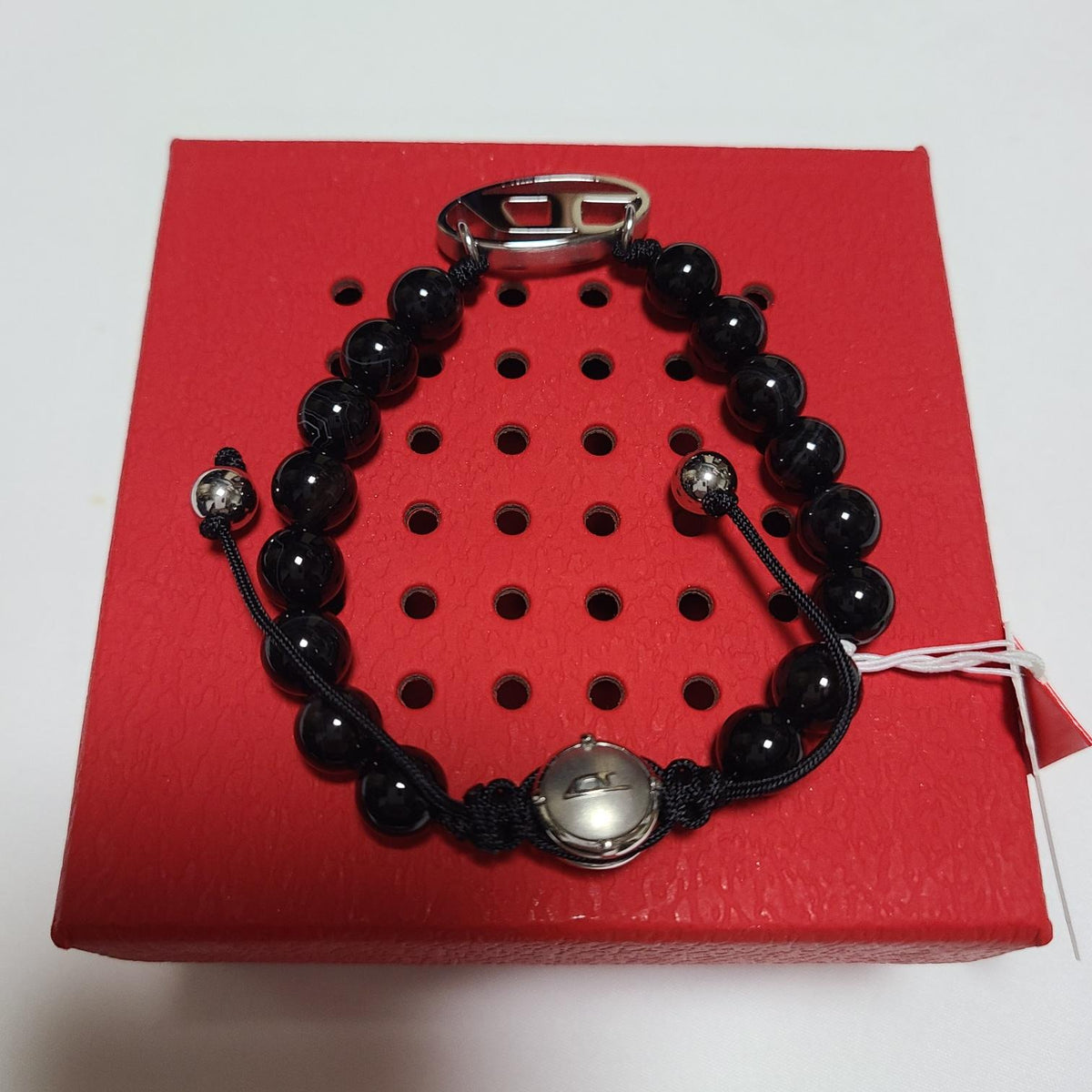 DIESEL Black Agate Bead Bracelet Oval D Logo Unisex Jewelry