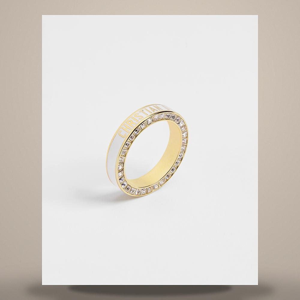 DIOR Gold-Finish Metal Ring with Crystals and White Lacquer