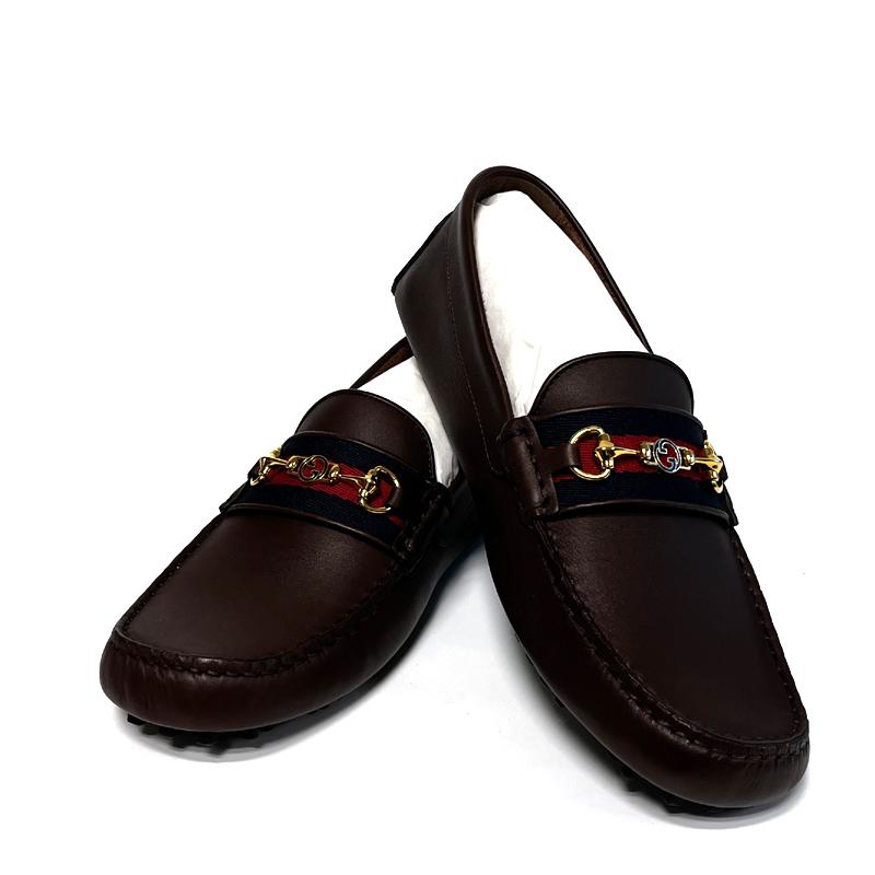GUCCI Web Driving Loafers Dark Brown Leather Unisex 624698 1XH10