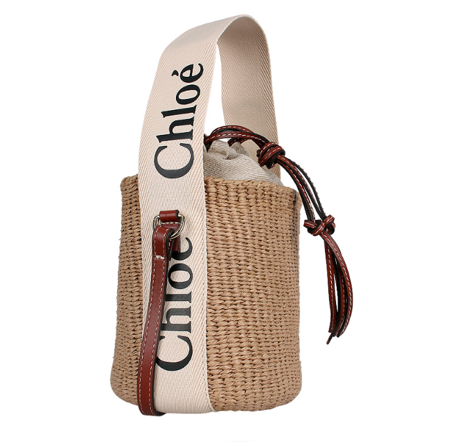 Chloe Woody Small Basket Bucket Bag Ivory Straw Leather Shoulder Bag