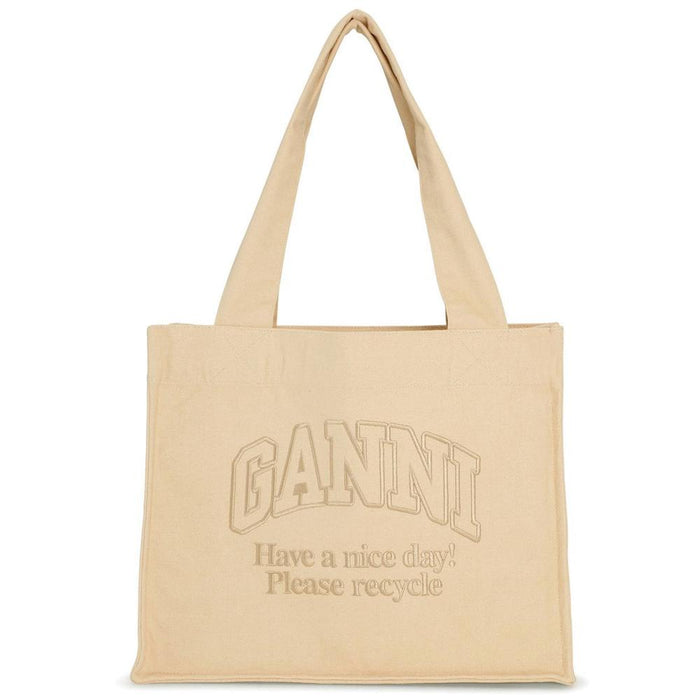GANNI Beige Logo Embroidered Canvas Tote Bag