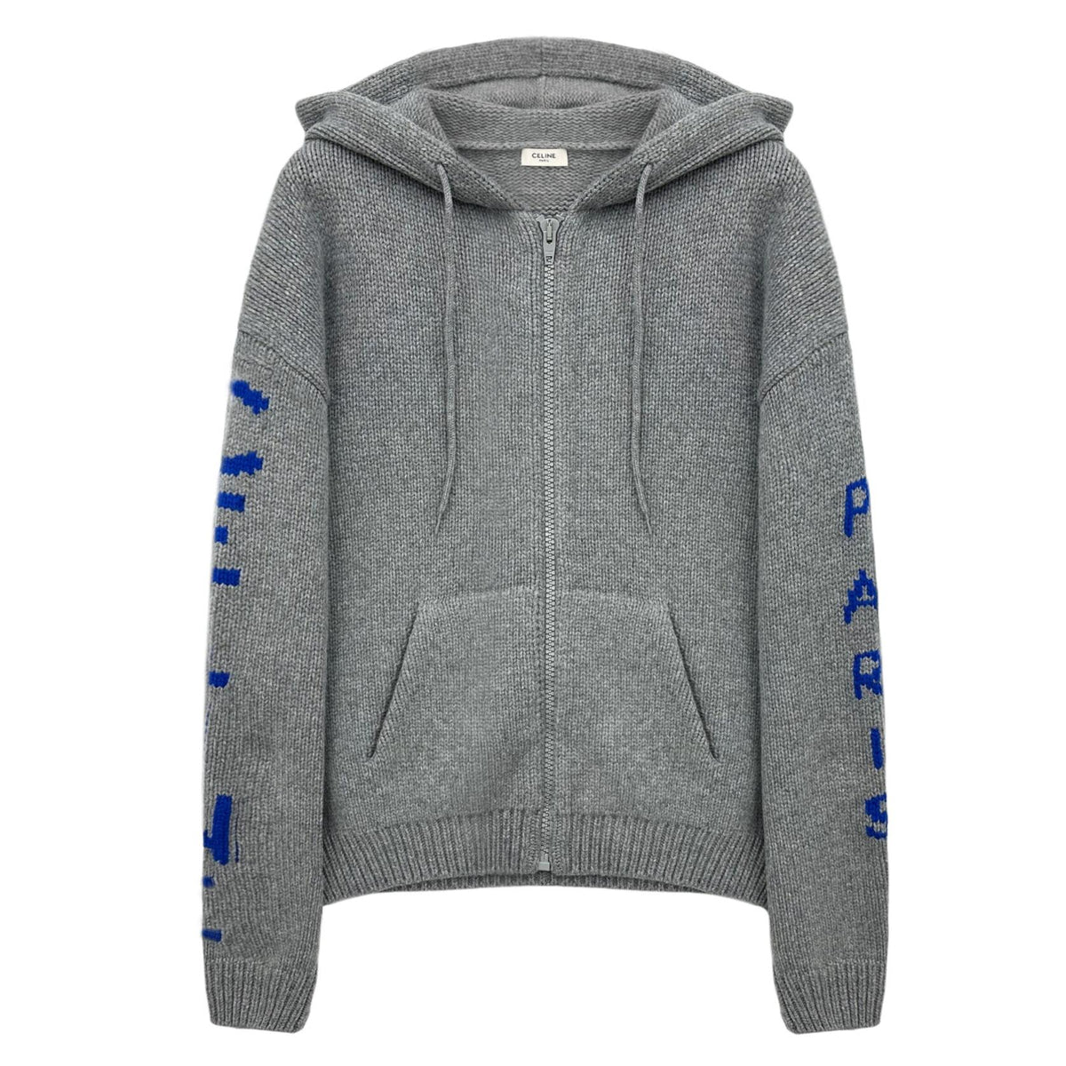 CELINE Logo Wool Hooded Zip-Up Sweater for Men Gray