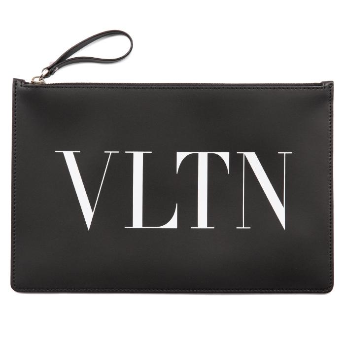 VALENTINO Logo Strap Clutch Black Unisex Leather