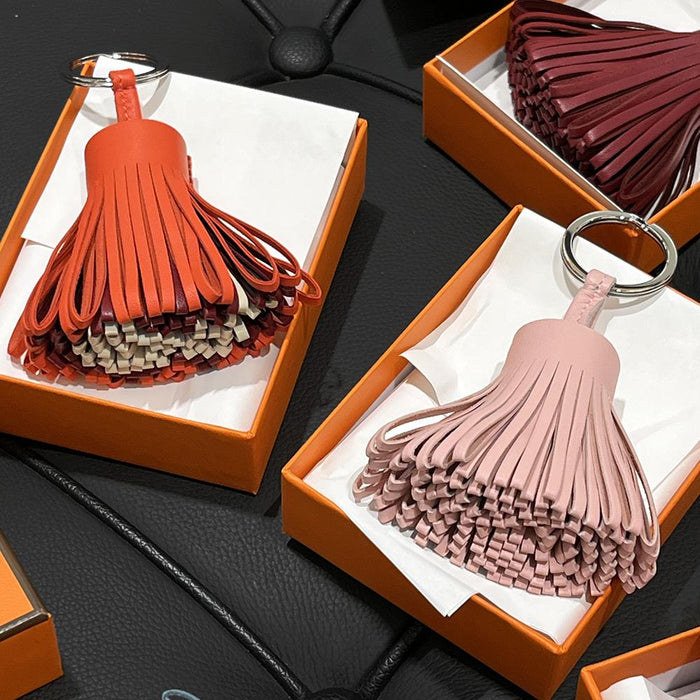 HERMES Light Pink Leather Carmen Tassel Keychain Key Ring Unisex