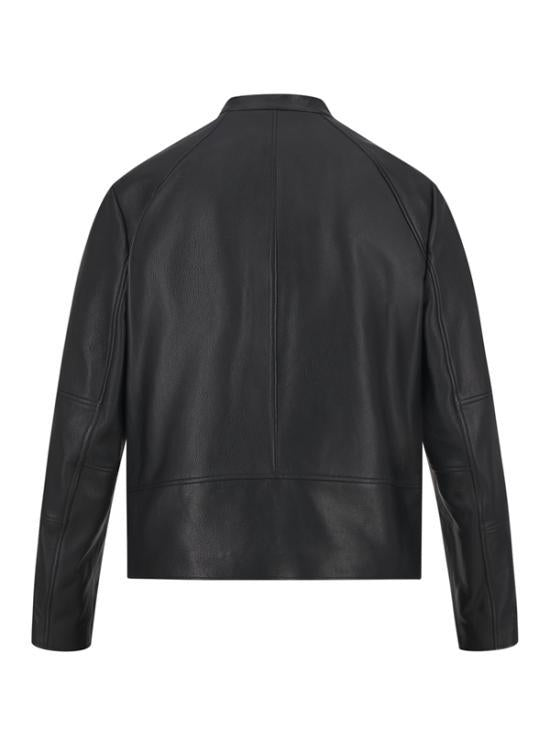 HUGO BOSS Black Leather Jacket Men’s Zip-Up Bomber Style 50564039 001 BLACK DOM