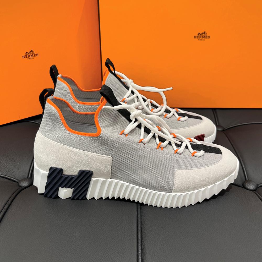 HERMES Gray Knit Calfskin H Logo Two-Tone Slip-On Low-Top Sneakers