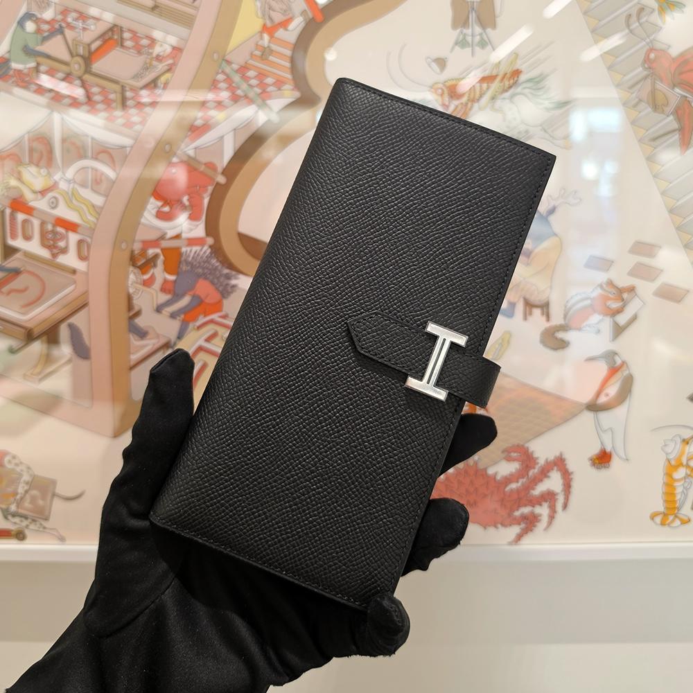 HERMES Epsom Leather Bearn Long Wallet Black Palladium Hardware