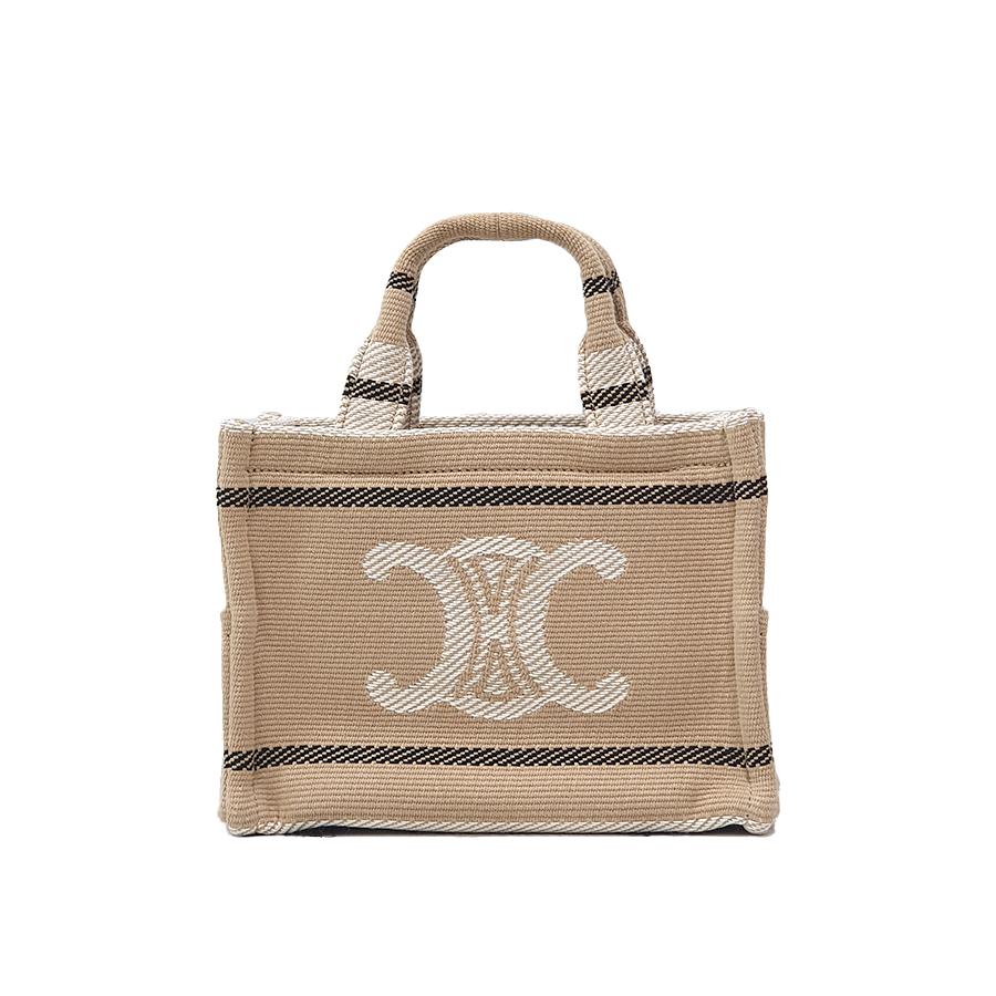CELINE Women’s Small Cabas Stripe Text Triomphe Tote Bag Beige 199162FV2 02BL