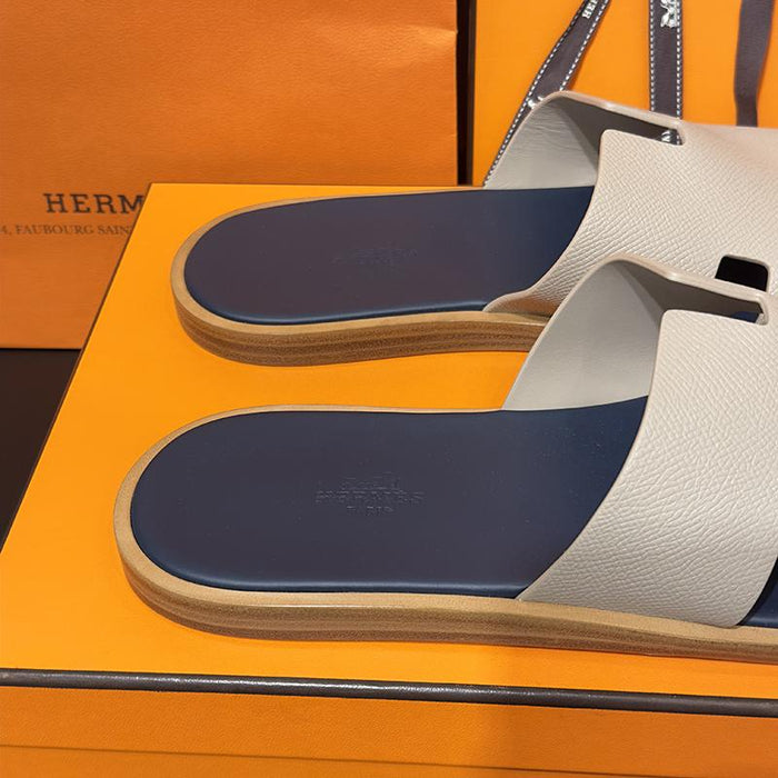 HERMES Izmir Slippers Epsom White Blue Celeste Men