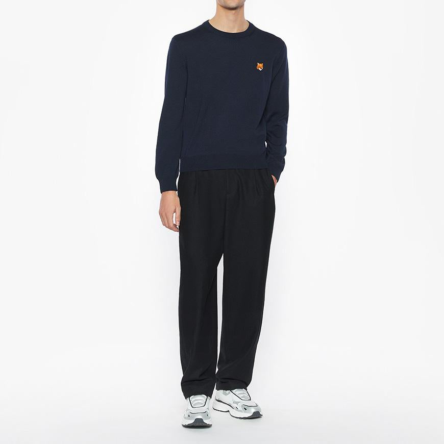 Maison Kitsune Fox Head Merino Wool Crewneck Sweater Men Nav PM00801 KT1181 0413