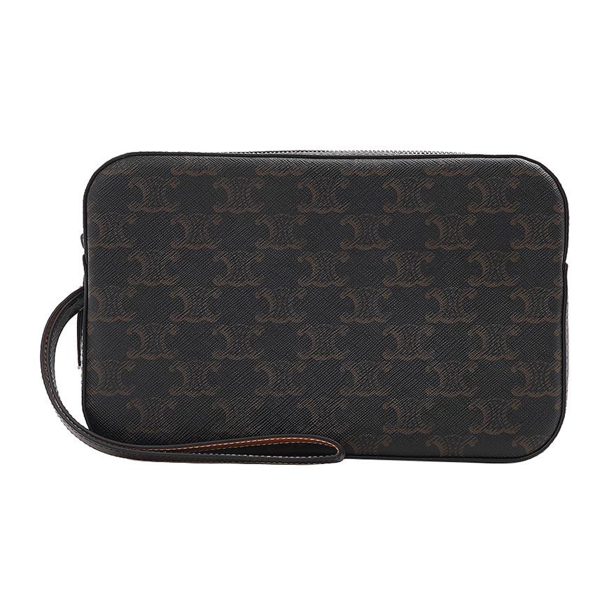 CELINE Triomphe Strap Leather Clutch Bag for Men, Light Gray