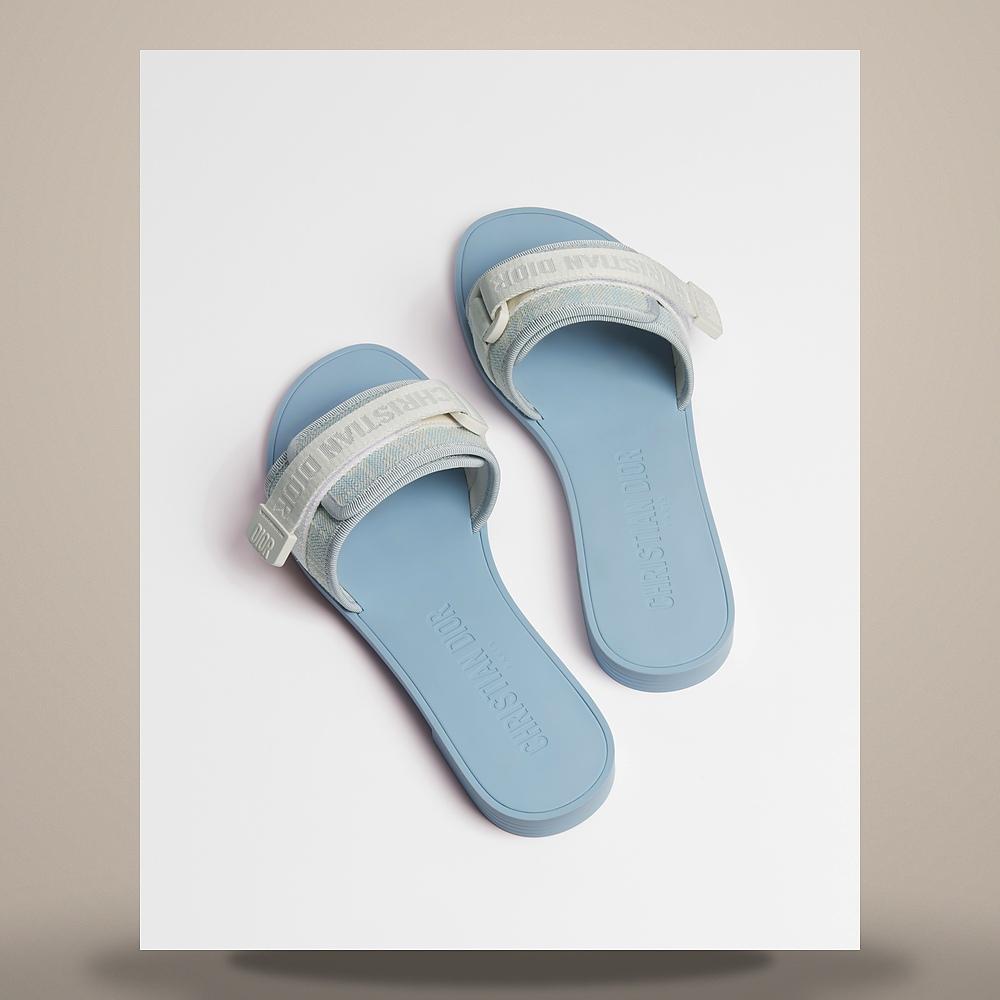 DIOR White Sky Blue Dior Oblique Washed Linen Slides KCO674LIO S60W