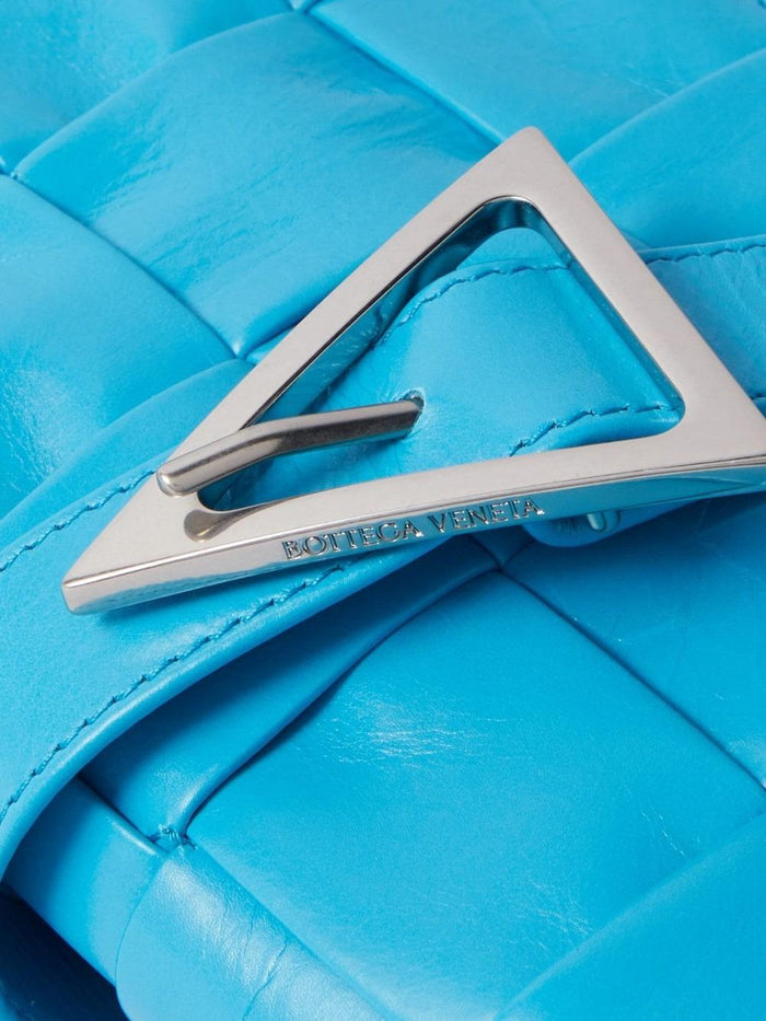 Bottega Veneta Cassette Intrecciato Mini Messenger Bag Blue Leather