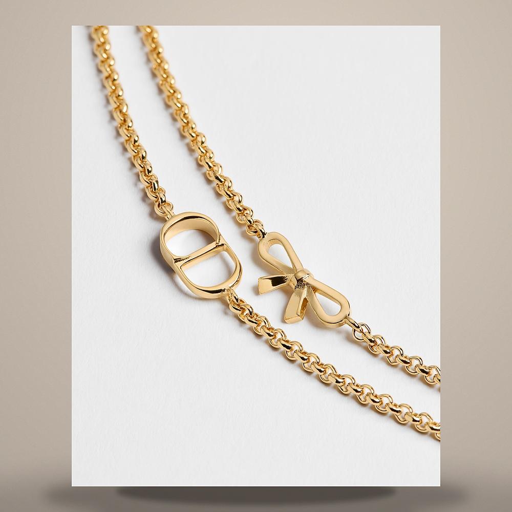 DIOR CD Mini Bow Necklace Gold-Tone Metal White Resin Pearl N3835WOMRS D301