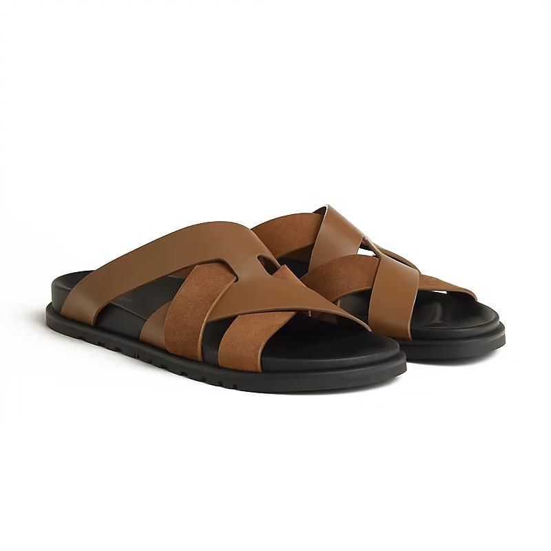 HERMES Men’s Casimir Slippers Calfskin Suede Brown