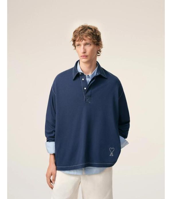 AMI Cotton Long Sleeve Ami de Coeur Polo Shirt