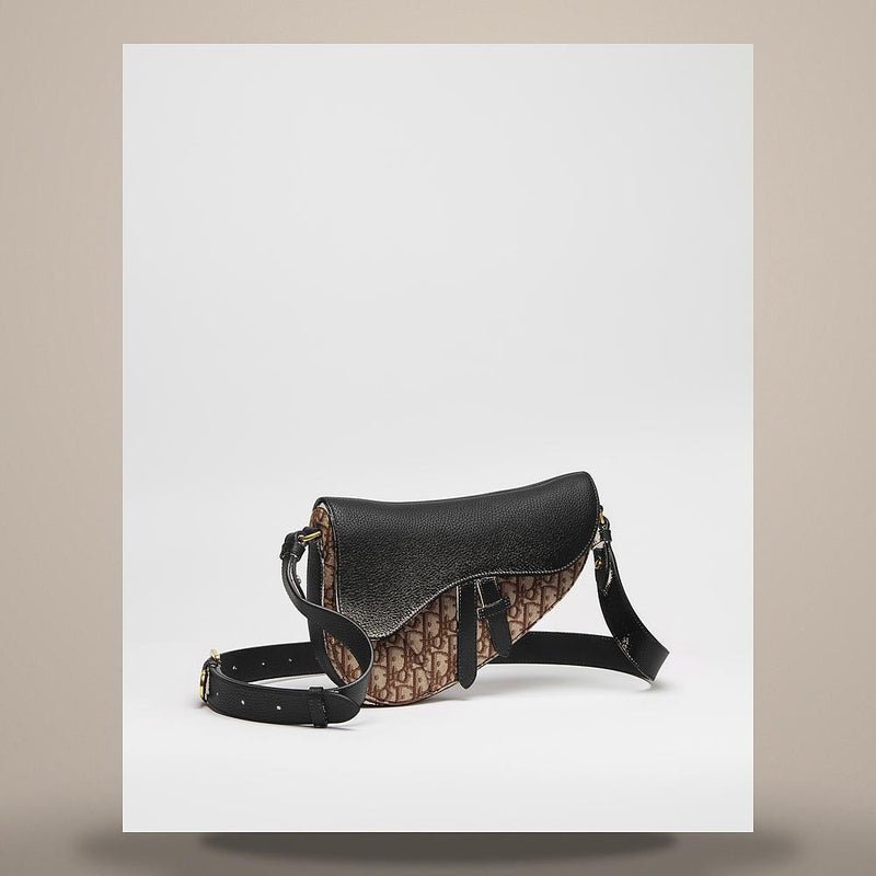 DIOR Saddle Bag Black Grained Taurillon Leather Brown Dior Oblique Jacquard Cros