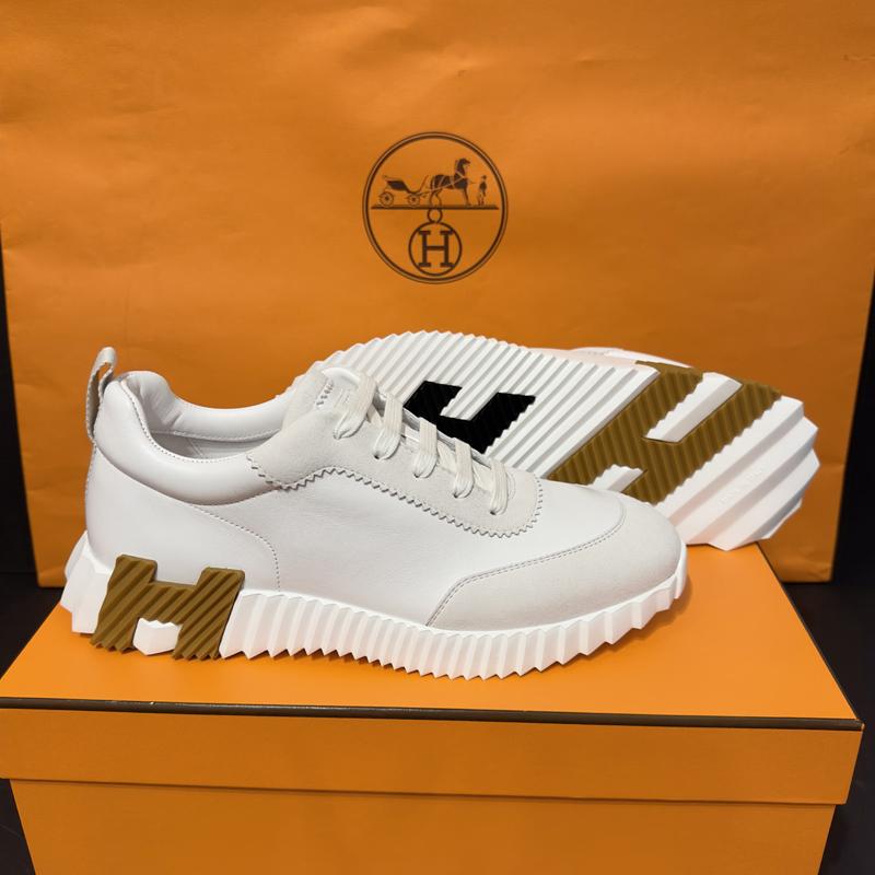 HERMES White Leather Two-Tone Brown Black H Logo Low-Top Sneakers