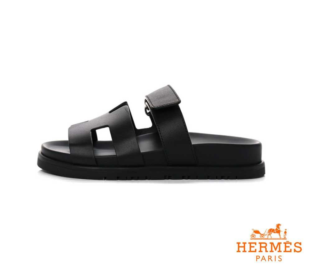 HERMES Chypre Sandals Calfskin Noir Black Women’s Sandals